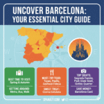 Square travel guide graphic for Barcelona, Spain, featuring major landmarks, with Barcelona highlighted on a map, and the title 'Uncover Barcelona: Your Essential City Guide' for top attractions and tips on Spanaly.com.
