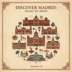 Vibrant composite image showcasing Madrid's top attractions: the Royal Palace, Retiro Park, a display of famous Spanish Tapas, the Metropolis building on Gran Vía, and the Prado Museum, highlighting the city's culture, art, and vibrant life. Image promoting travel guides by Spanaly.com.