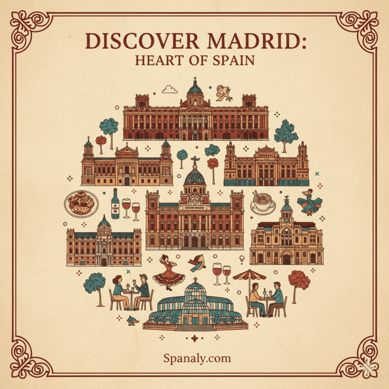 Vibrant composite image showcasing Madrid's top attractions: the Royal Palace, Retiro Park, a display of famous Spanish Tapas, the Metropolis building on Gran Vía, and the Prado Museum, highlighting the city's culture, art, and vibrant life. Image promoting travel guides by Spanaly.com.