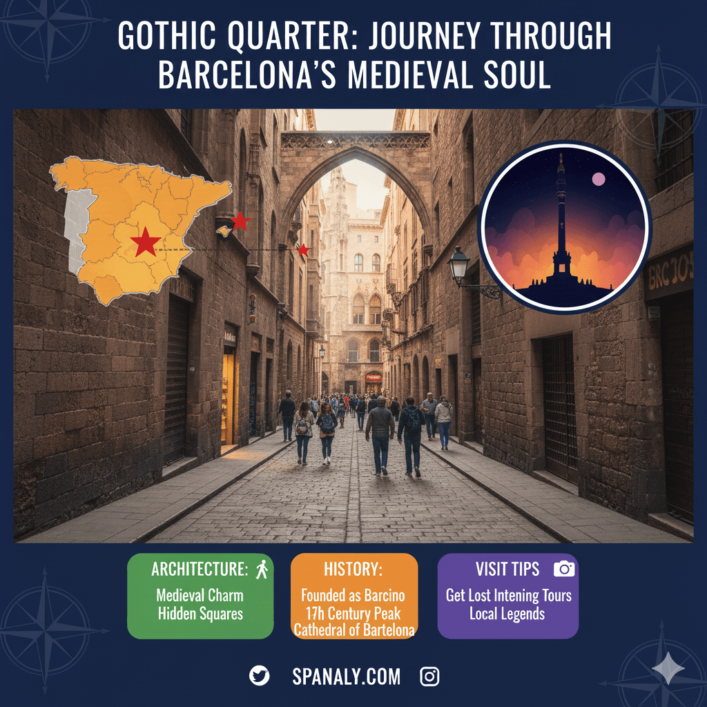Graphic featuring Barcelona's historic Gothic Quarter, showing narrow medieval streets and ancient architecture. The image includes a map highlighting Barcelona and the title 'Gothic Quarter: Journey Through Barcelona's Medieval Soul' for travel content on Spanaly.com.