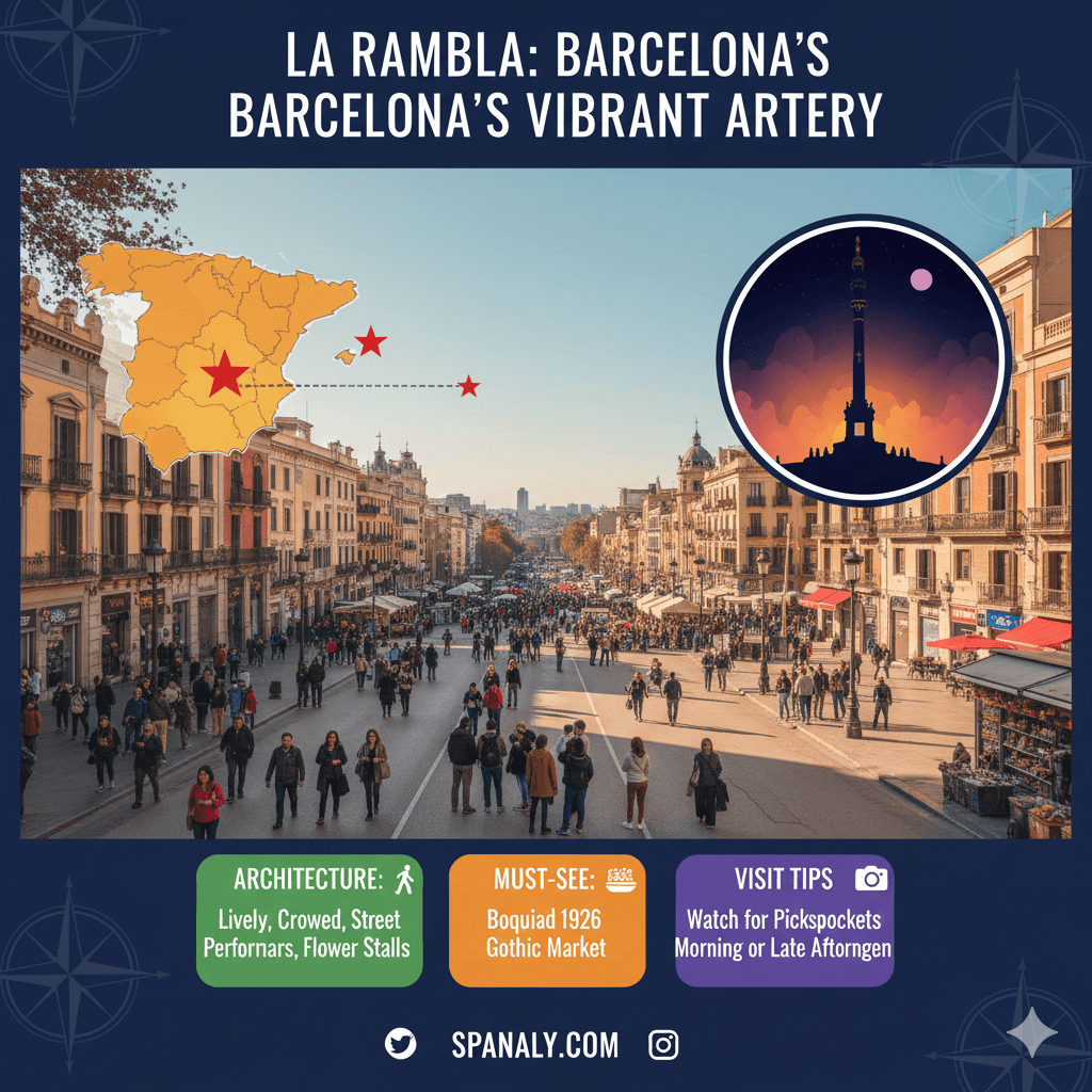 Graphic featuring La Rambla boulevard in Barcelona, Spain, showing the vibrant street life and atmosphere. The image includes a map highlighting Barcelona and the title 'La Rambla: Barcelona's Vibrant Artery' for travel content on Spanaly.com.