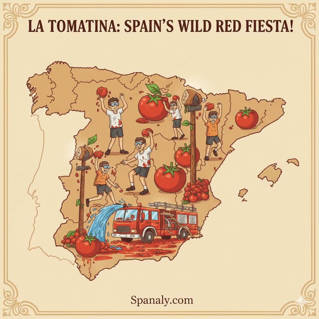 Promotional map of Spain highlighting the Valencian region (Buñol), featuring dramatic, splashing tomato symbols and intense red colors representing the iconic La Tomatina annual tomato fight festival. Image designed for Spanaly.com.
