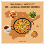 Promotional graphic for the "Paella Valenciana – Spain’s Most Iconic Dish" recipe guide by Spanaly.com. The design features a colorful illustration of a traditional paella pan filled with rice, seafood, and saffron, set over a Spanish map colored in a bright, distinctive culinary tone. Four real, circular inset photos highlight the key ingredients (saffron, rice, seafood, and vegetables) and the final, appealing presentation of the Valencian paella.