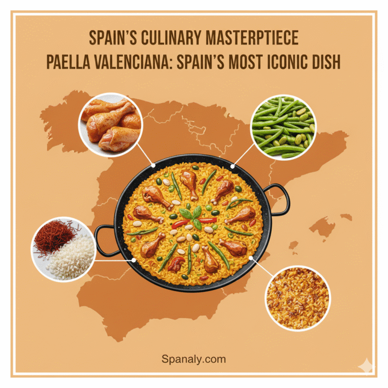 Promotional graphic for the "Paella Valenciana – Spain’s Most Iconic Dish" recipe guide by Spanaly.com. The design features a colorful illustration of a traditional paella pan filled with rice, seafood, and saffron, set over a Spanish map colored in a bright, distinctive culinary tone. Four real, circular inset photos highlight the key ingredients (saffron, rice, seafood, and vegetables) and the final, appealing presentation of the Valencian paella.