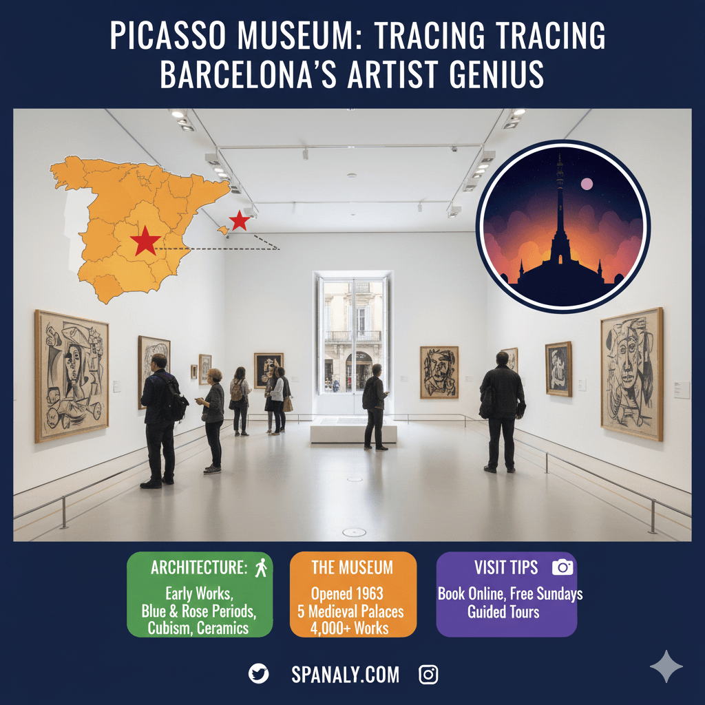 Graphic featuring the Picasso Museum in Barcelona, showcasing art and tracing the artist's early works. The image includes a map highlighting Barcelona and the title 'Picasso Museum: Tracing the Artist's Genius' for content on Spanaly.com.