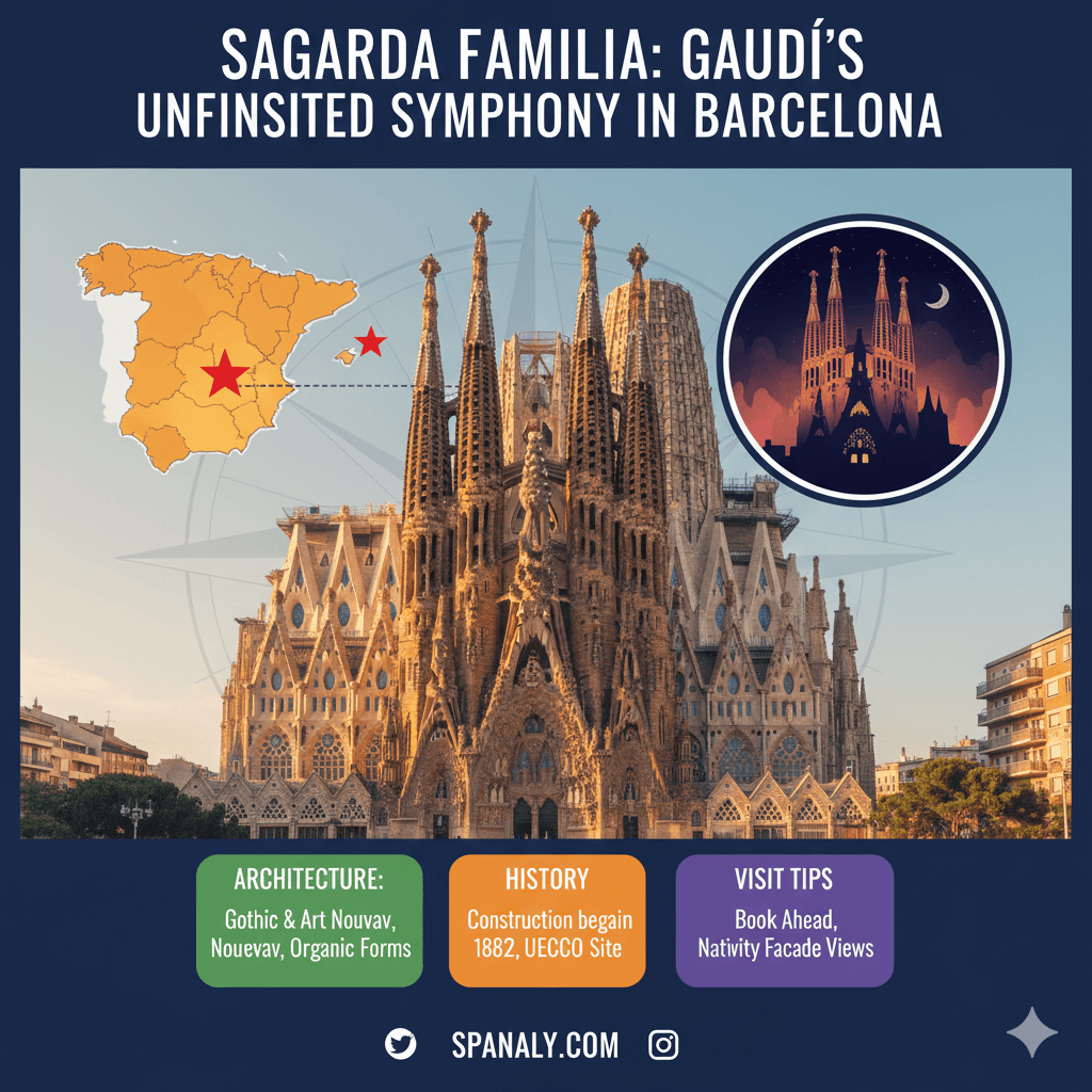 Exclusive graphic featuring the Sagrada Familia cathedral in Barcelona, Spain, with a map highlighting the city, and the title 'Sagrada Familia: Gaudí's Unfinished Symphony in Barcelona' for content on Spanaly.com.