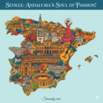 Vibrant illustrated map of Spain with the Andalusia region and Seville prominently highlighted, showcasing iconic landmarks like the Alcázar of Seville, the Giralda tower, and symbols of Flamenco and traditional Andalusian tiles, representing the city's rich culture. Image for the Seville travel guide by Spanaly.com.