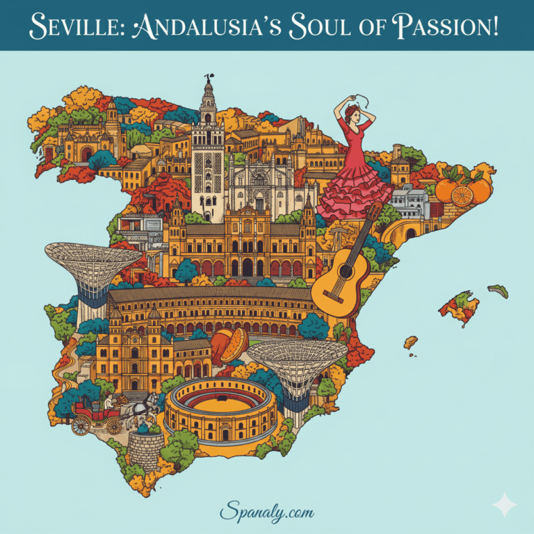 Vibrant illustrated map of Spain with the Andalusia region and Seville prominently highlighted, showcasing iconic landmarks like the Alcázar of Seville, the Giralda tower, and symbols of Flamenco and traditional Andalusian tiles, representing the city's rich culture. Image for the Seville travel guide by Spanaly.com.