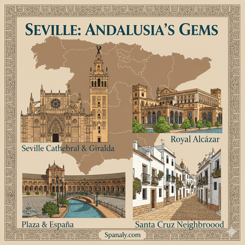 Detailed map of Spain highlighting Seville, featuring the four main attractions with text labels: Seville Cathedral (Giralda), Royal Alcázar, Plaza de España, and Santa Cruz Neighborhood. This composite graphic promotes essential travel tips for Andalusia by Spanaly.com.