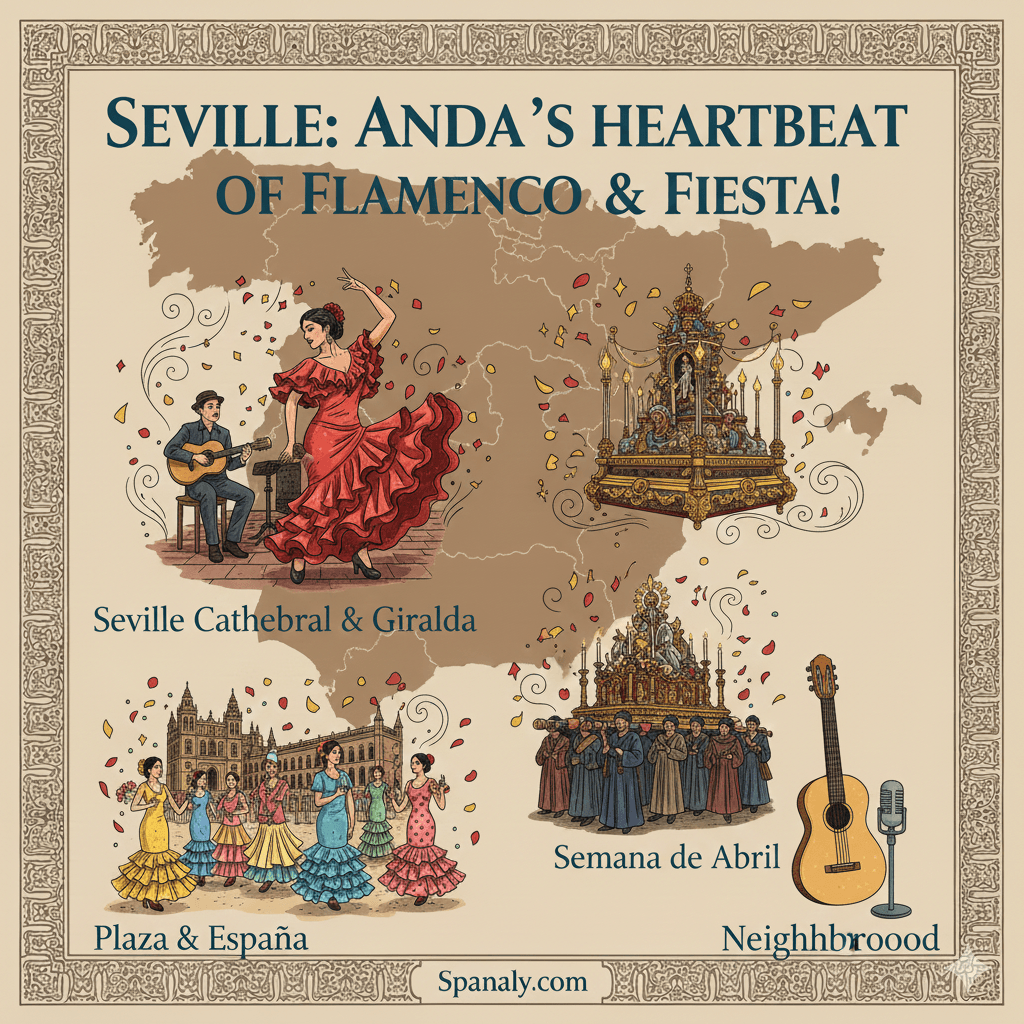 Vibrant composite illustration on a map of Spain showcasing Seville's cultural heart: a Flamenco dancer in a traditional dress, a dramatic Semana Santa float, and colorful tents from Feria de Abril, symbolizing Andalusia's major festivals and cultural traditions. Graphic by Spanaly.com.