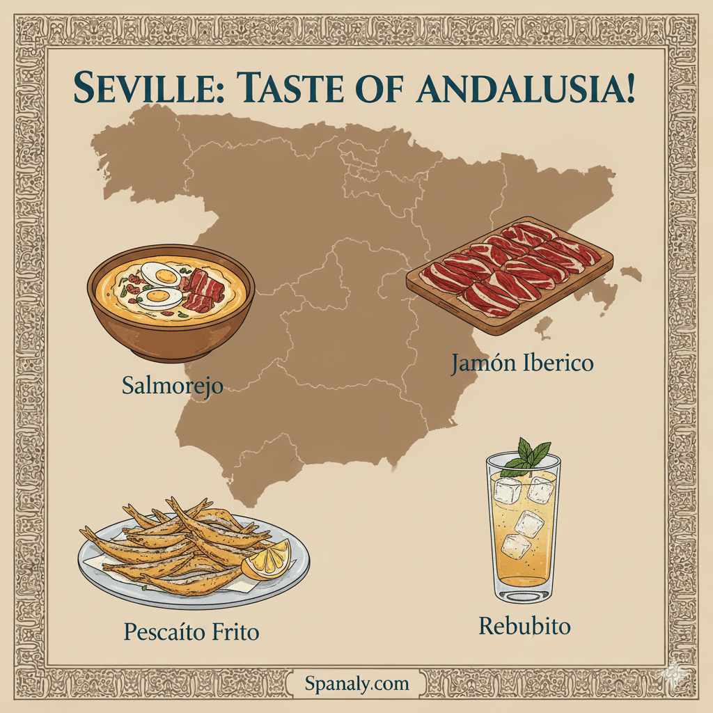 Illustrated map of Spain showcasing Seville's famous gastronomy, featuring Spanish tapas, Salmorejo (cold tomato soup), Jamón Ibérico (Iberian ham slices), and a refreshing Rebujito drink, symbolizing the best Andalusian cuisine. Image for food guide by Spanaly.com.