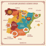 Informative graphic showcasing the regional gastronomy of Spain, titled with a catchy phrase, created by Spanaly.com. The design features a large, segmented map of Spain, highlighting key autonomous communities. Each region is clearly labelled with its name and features a large, distinct illustration or photo of its most famous traditional dish, such as Paella (Valencia), Fabada (Asturias), and Jamón Ibérico (Extremadura/Andalusia).
