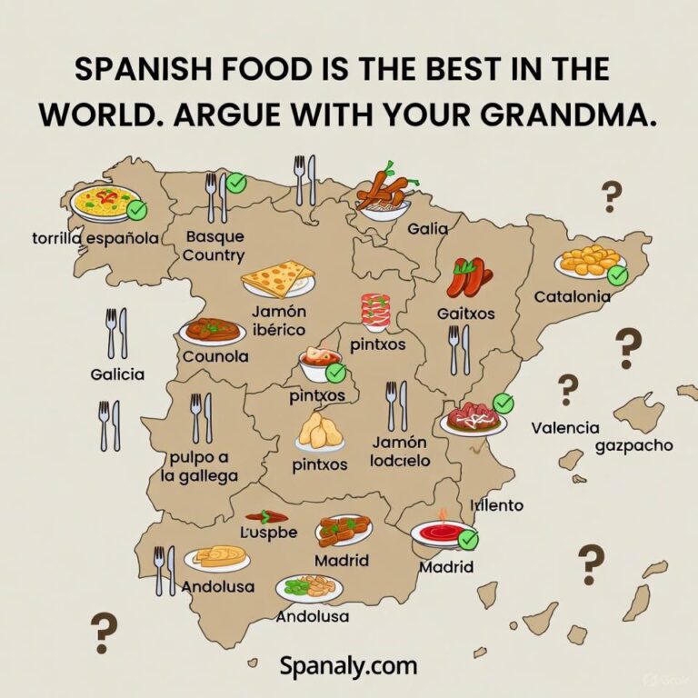 A 1024×1024 map of Spain showcasing famous dishes by region: - Galicia: Pulpo a la gallega, tortilla española - Basque Country: Pintxos, jamón ibérico - Catalonia: Pa amb tomàquet (bread with tomato) - Valencia: Gazpacho, paella - Andalusia: Jamón ibérico, gazpacho - Madrid: Cocido madrileño - Plus other iconic dishes like paella, jamón, churros, crema catalana. At the top, a bold provocative tagline: "SPANISH FOOD IS THE BEST IN THE WORLD. ARGUE WITH YOUR GRANDMA." At the bottom: "Spanaly.com" The map features earthy tones, colorful food icons, and decorative cutlery accents.