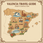 Illustrated composite map highlighting Valencia, Spain, featuring prominent city icons such as the City of Arts and Sciences, the Valencian paella dish, and symbols of the Las Fallas festival, summarizing the top attractions and travel guide. Image by Spanaly.com.