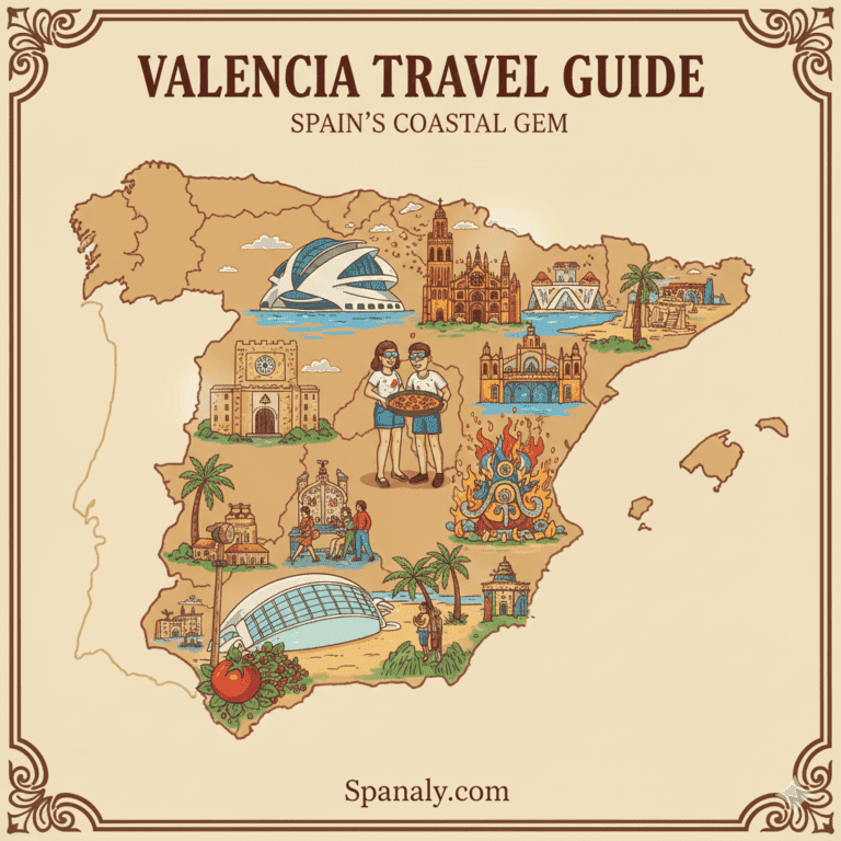 Illustrated composite map highlighting Valencia, Spain, featuring prominent city icons such as the City of Arts and Sciences, the Valencian paella dish, and symbols of the Las Fallas festival, summarizing the top attractions and travel guide. Image by Spanaly.com.