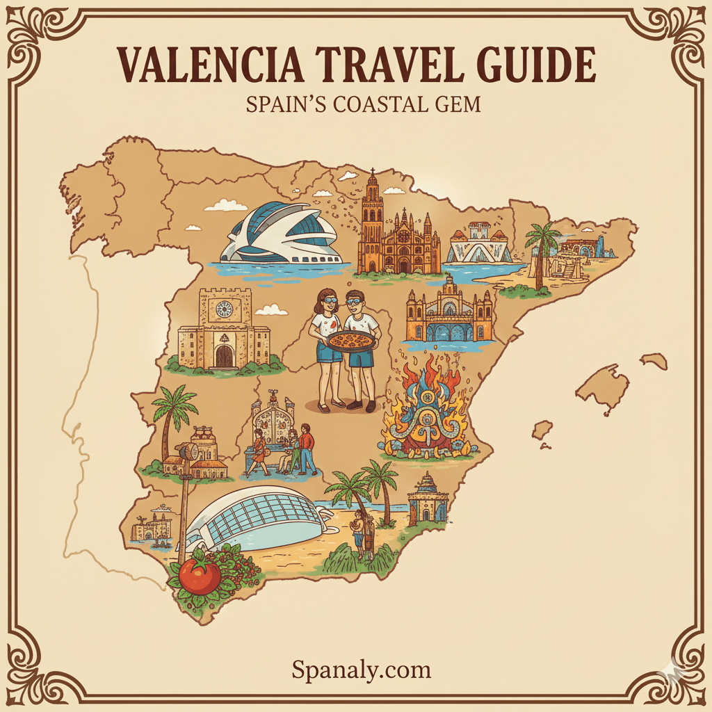 Illustrated composite map highlighting Valencia, Spain, featuring prominent city icons such as the City of Arts and Sciences, the Valencian paella dish, and symbols of the Las Fallas festival, summarizing the top attractions and travel guide. Image by Spanaly.com.