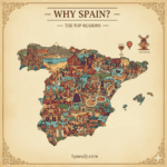 Composite illustration showcasing the top reasons to visit Spain: a dynamic map of the country featuring iconic Spanish elements like tapas, flamenco dancer, historical architecture (e.g., Sagrada Familia), sunny beaches, and a glass of wine, with the title 'Why Spain? Top Reasons to Visit.' Graphic promoting travel guides by Spanaly.com.