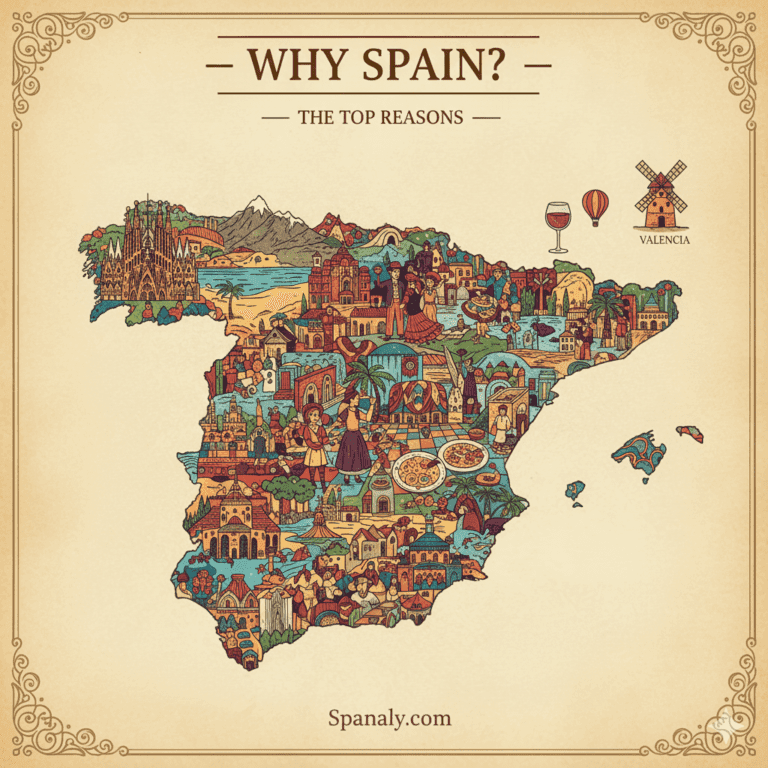 Composite illustration showcasing the top reasons to visit Spain: a dynamic map of the country featuring iconic Spanish elements like tapas, flamenco dancer, historical architecture (e.g., Sagrada Familia), sunny beaches, and a glass of wine, with the title 'Why Spain? Top Reasons to Visit.' Graphic promoting travel guides by Spanaly.com.