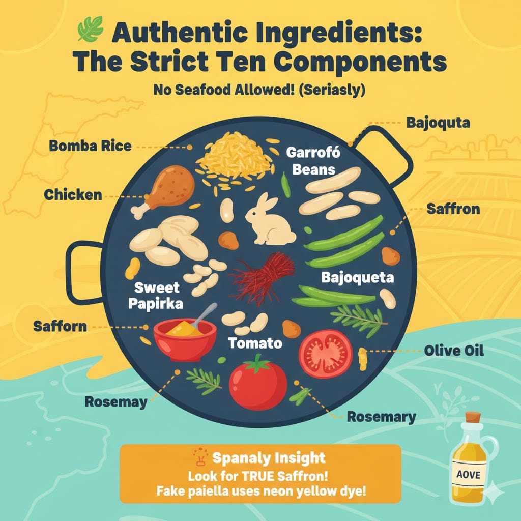 A bright and colorful infographic illustrating the ten strict ingredients of Paella Valenciana, including Bomba rice, rabbit, chicken, garrofó beans, saffron, and rosemary. It features a Spanaly Insight warning against artificial food dyes.