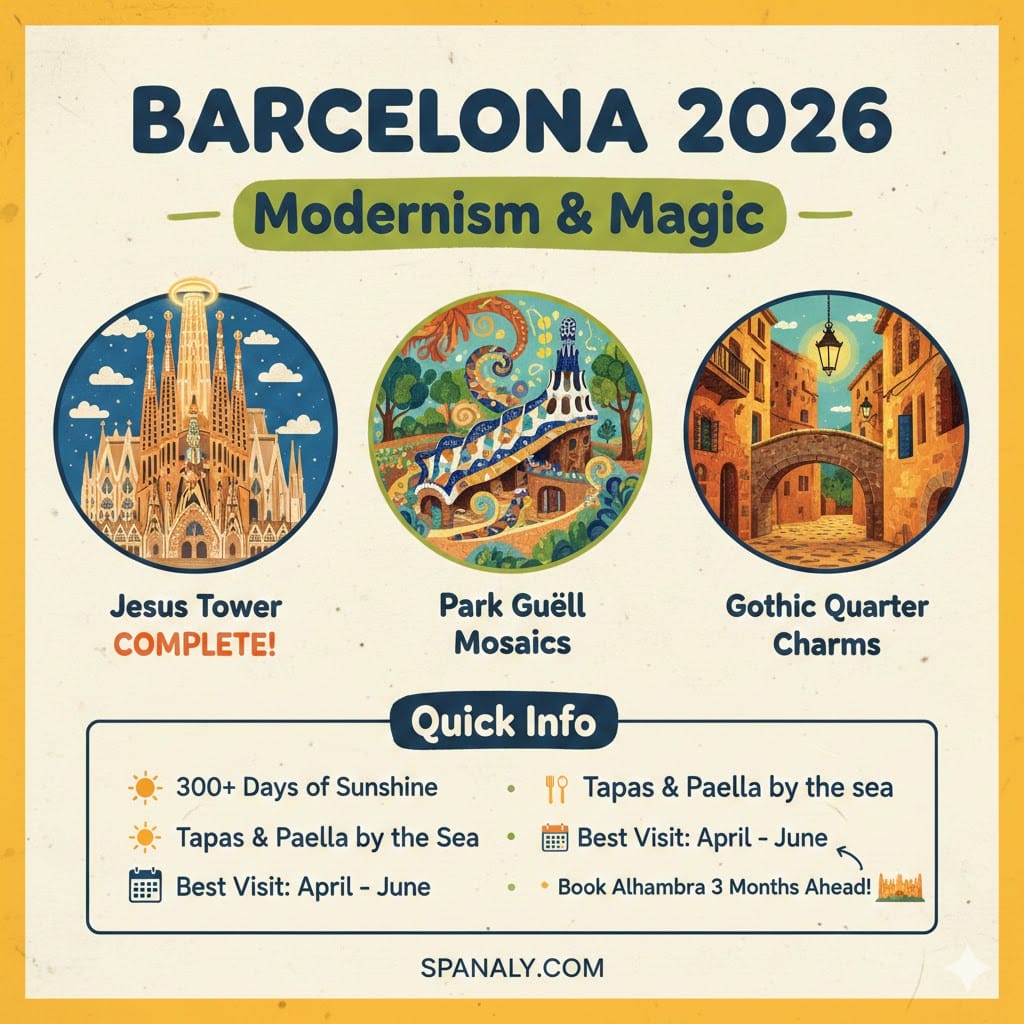 Infographic of Barcelona 2026 highlights including Sagrada Familia Jesus Tower, Park Guell mosaics, and Gothic Quarter streets with travel tips.