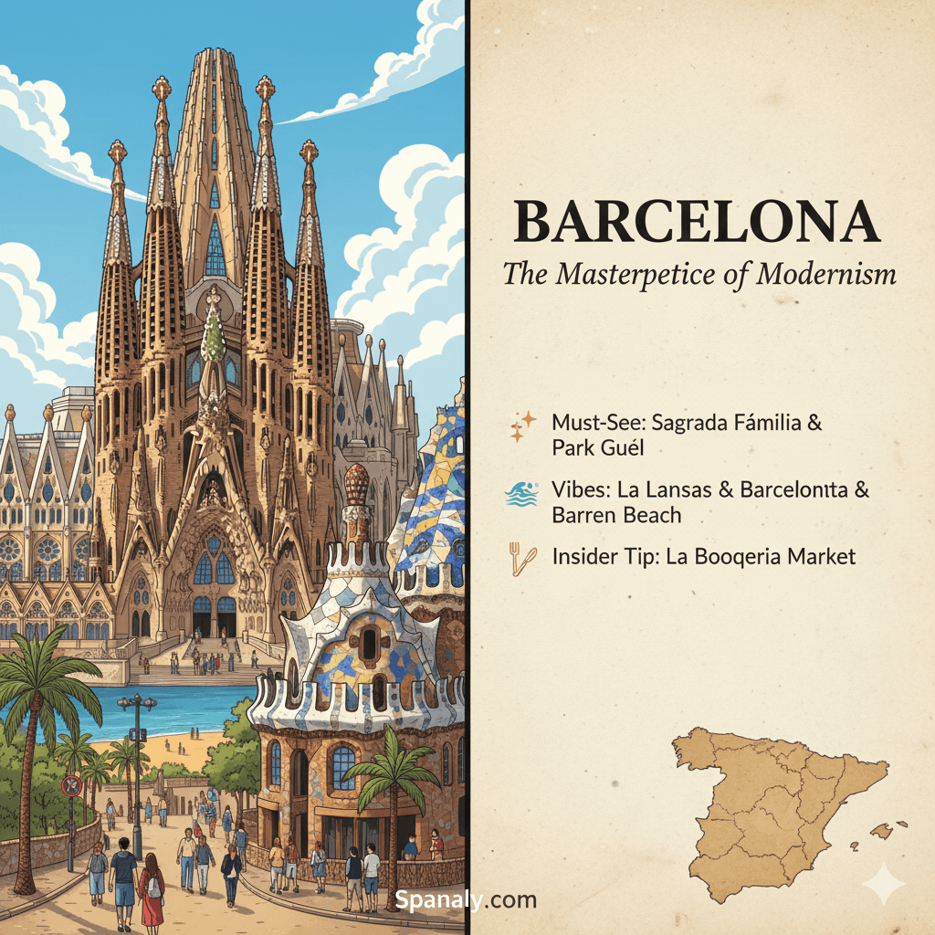Professional travel infographic of Barcelona featuring Gaudí's Sagrada Família and Park Güell mosaics with a Spain map highlighting the city location - Spanaly.