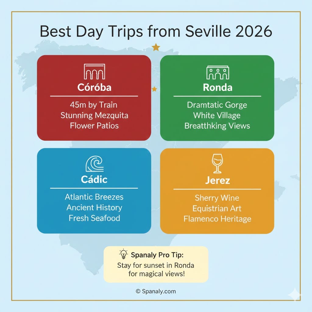 A professional 2026 travel infographic showing the best day trips from Seville to Córdoba, Ronda, Cádiz, and Jerez, featuring rectangular information panels, travel icons, and a map of Spain background.