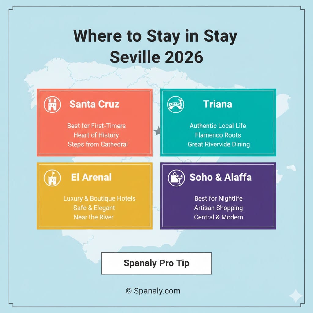 A modern infographic with rectangular panels comparing Seville's top neighborhoods to stay in 2026: Santa Cruz, Triana, El Arenal, and Soho, featuring icons, key highlights, and a Spanaly Pro Tip over a map of Spain.