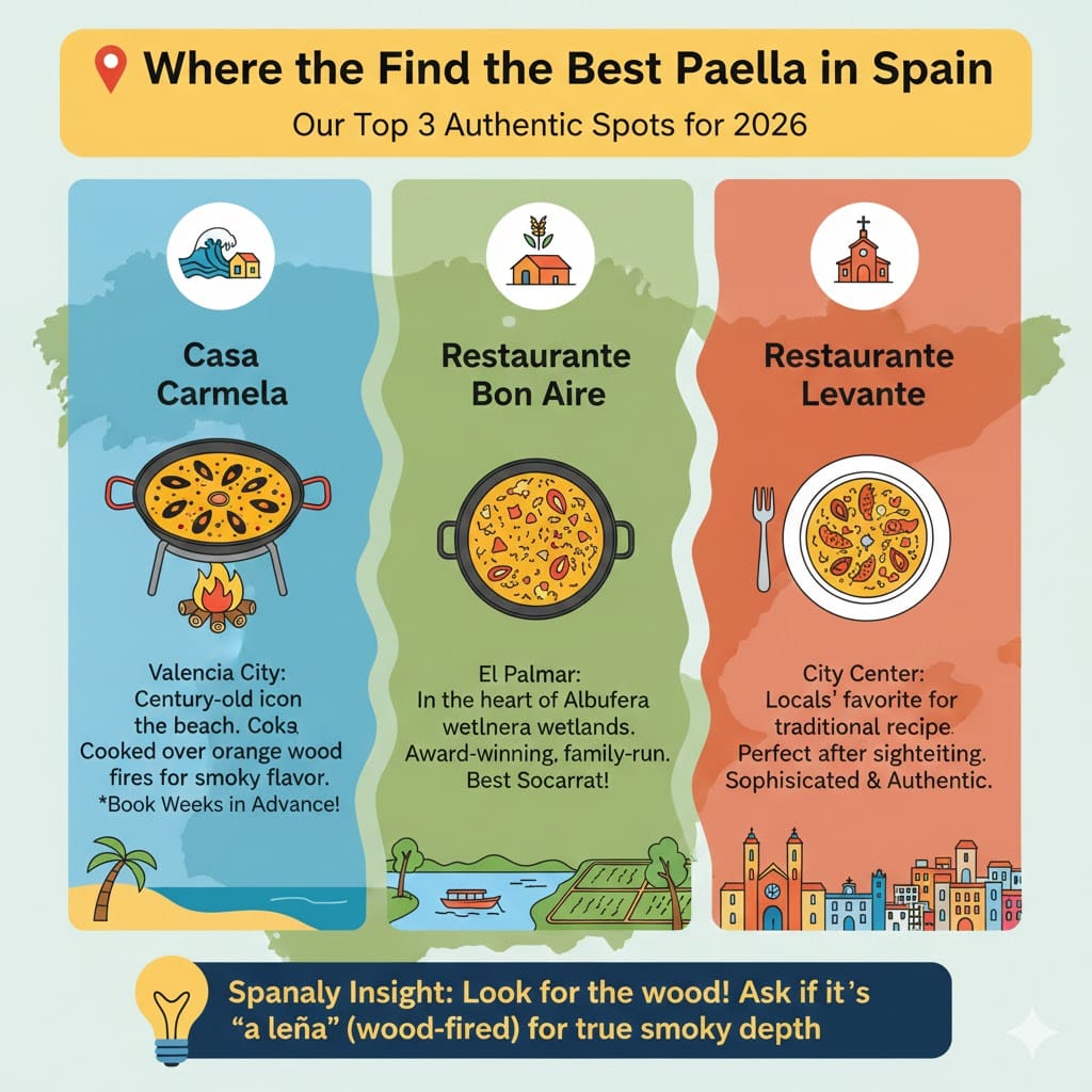 A colorful infographic titled 'Where to Find the Best Paella in Spain' featuring three top authentic spots for 2026: Casa Carmela (Valencia City), Restaurante Bon Aire (El Palmar), and Restaurante Levante (City Center). It includes icons for wood-fired cooking and a Spanaly Insight about asking for 'a leña' paella.