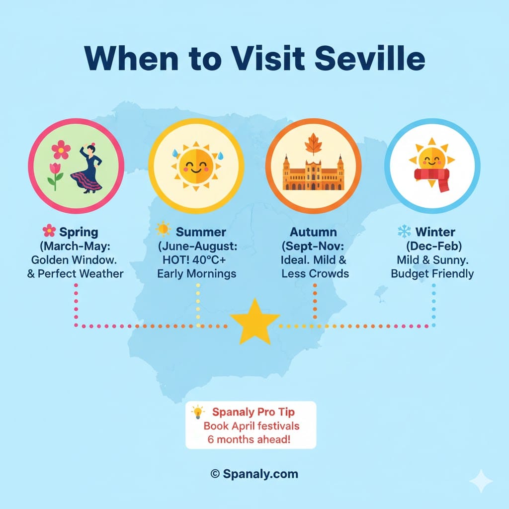 A colorful Seville travel infographic for 2026 showing the best seasons to visit: Spring for festivals, Summer heat warnings, Autumn for pleasant weather, and Winter for budget stays, with a Spanaly pro tip for booking.