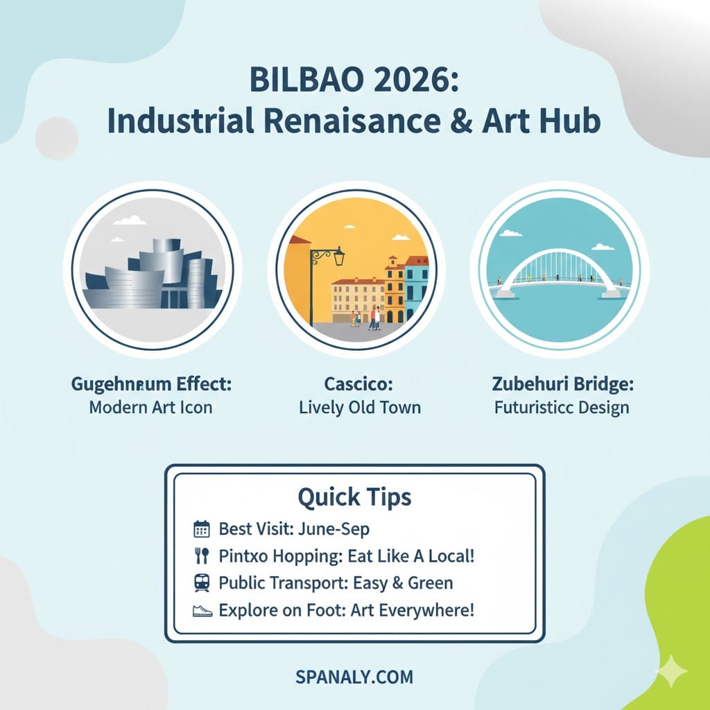 Infographic of Bilbao 2026 highlights, featuring Guggenheim Museum, Casco Viejo Old Town, Zubizuri Bridge, and tips for Pintxo hopping.