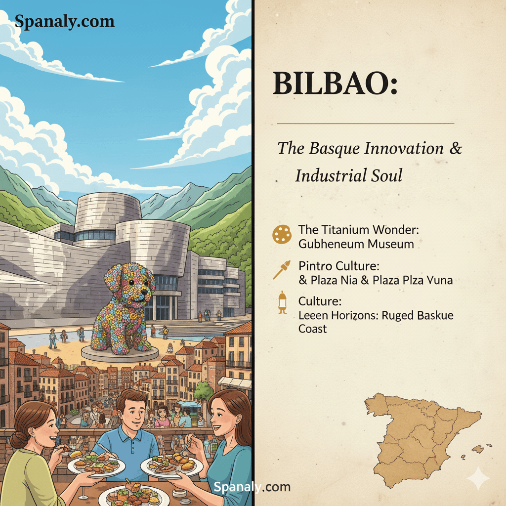 Professional travel infographic of Bilbao featuring the titanium Guggenheim Museum, traditional Basque Pintxos, and the Casco Viejo with a Spain map highlighting Bilbao - Spanaly logo on top left.