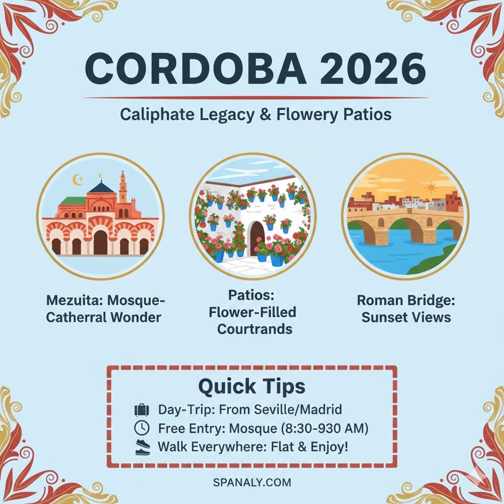 Infographic of Cordoba 2026 highlights, featuring the Mezquita Mosque-Cathedral, traditional flower-filled patios, the Roman Bridge at sunset, and travel tips for day trips.