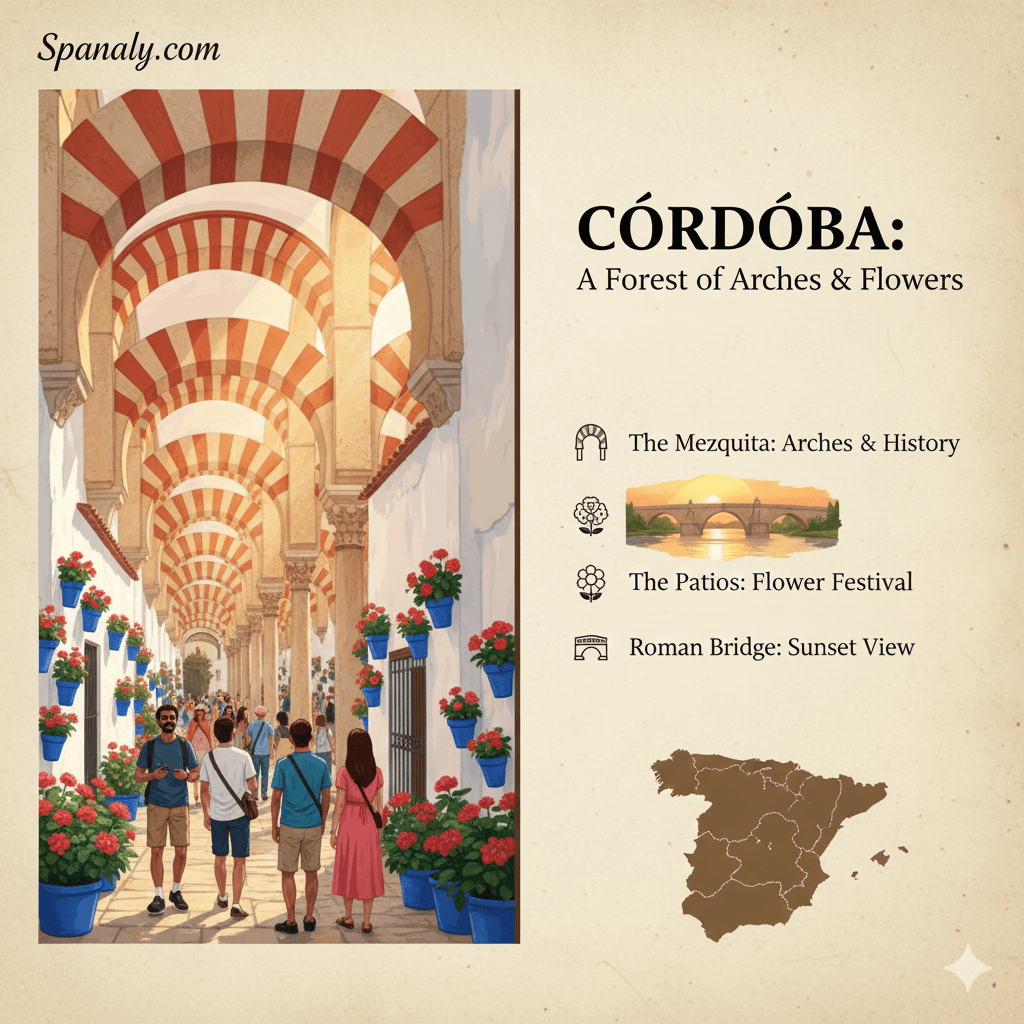 Professional travel infographic of Córdoba featuring the Great Mosque-Cathedral arches, Roman Bridge, and flower-filled Andalusian patios with a Spain map highlighting Córdoba - Spanaly logo on top left.