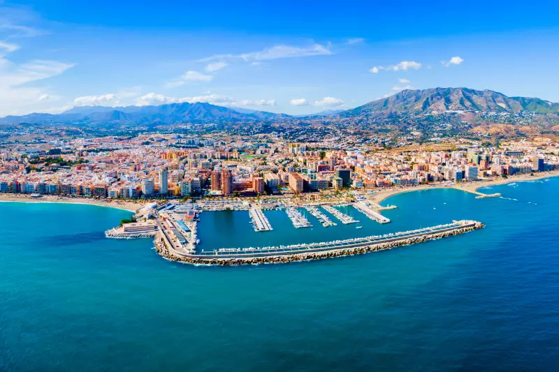 costa del sol fuengirola city beach and port aerial panoramic view