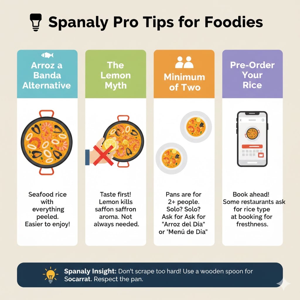 A colorful infographic titled 'Spanaly Pro Tips for Foodies' featuring four expert tips: Arroz a Banda as a seafood alternative, the myth of using lemon, the 'minimum of two' people rule for pans, and the importance of pre-ordering your rice. It also includes a Spanaly Insight about using wooden spoons to protect the pan.