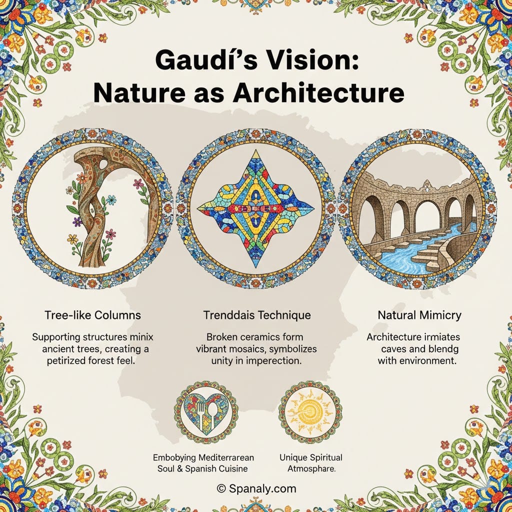 A decorative infographic showcasing Antoni Gaudí’s artistic vision for Park Güell, featuring tree-like columns, the trencadís technique, and natural mimicry on a map of Spain.