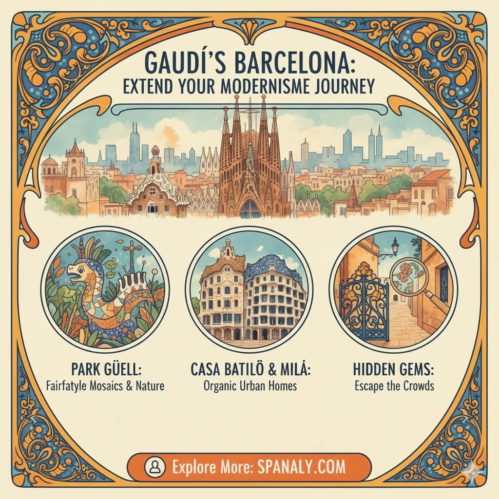 An artistic infographic guide to Antoni Gaudí’s masterpieces in Barcelona, including Park Güell, Casa Batlló, Casa Milà, and hidden Modernisme gems by Spanaly.