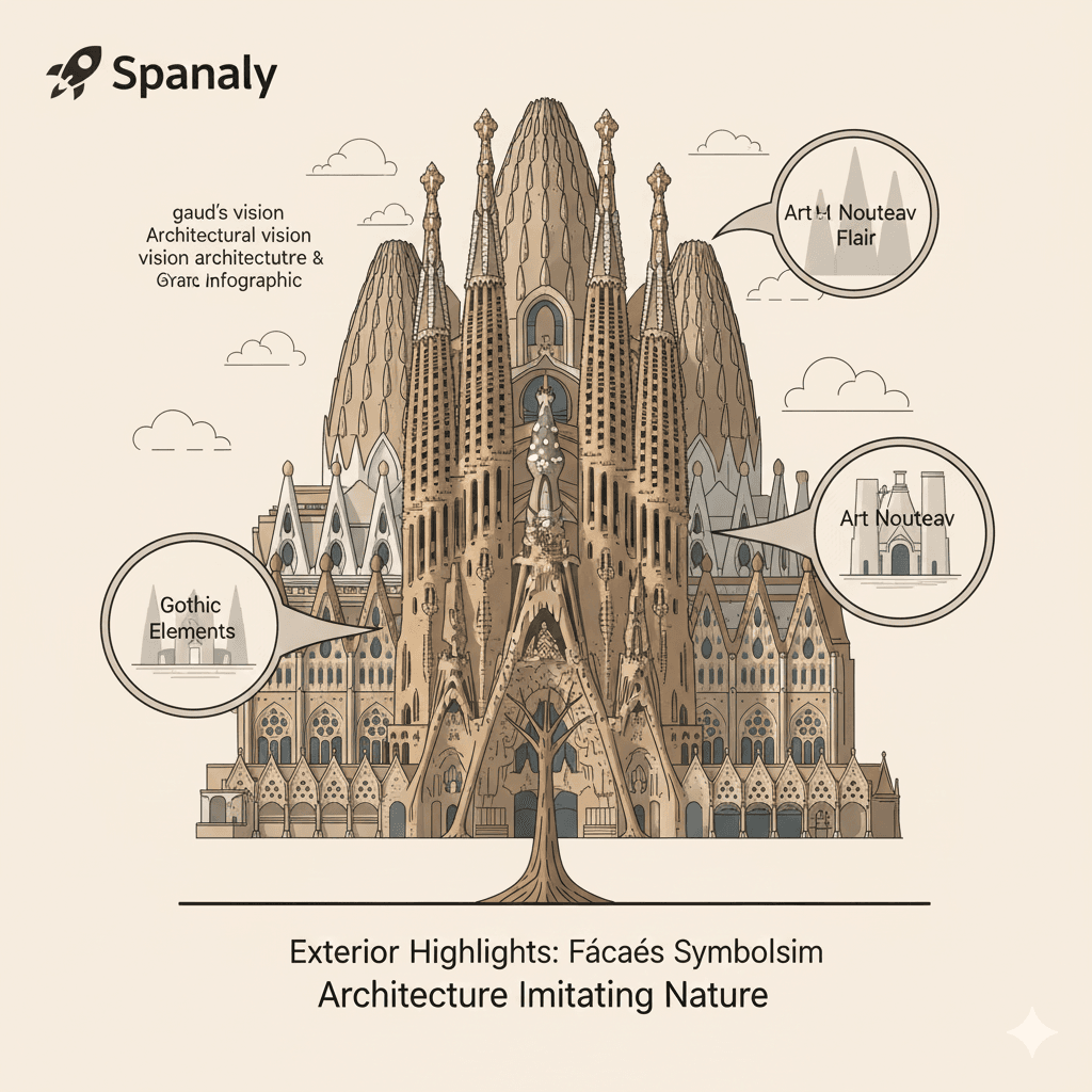 Professional infographic explaining Antoni Gaudi's vision for the Sagrada Família, showcasing the fusion of Gothic and Art Nouveau styles with branching columns inspired by nature - Spanaly logo on top left.