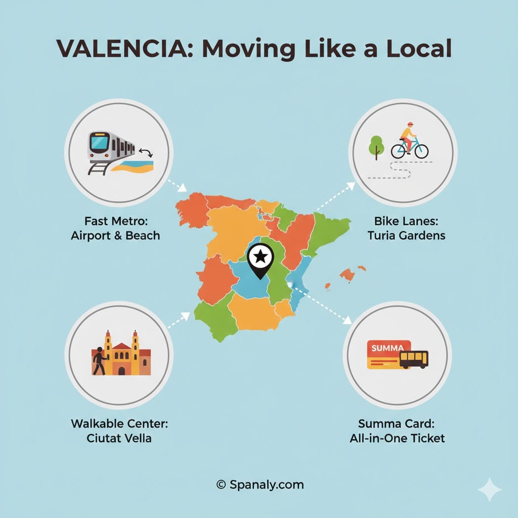 A practical infographic guide for moving around Valencia, featuring the airport metro, Turia Garden bike lanes, Ciutat Vella walkability, and the Summa Card ticket.