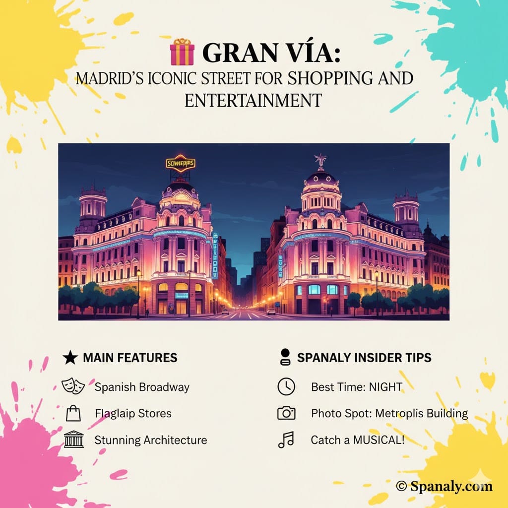 Infographic of Gran Via in Madrid, showing the Spanish Broadway theaters, flagship stores, and architecture with night travel tips.