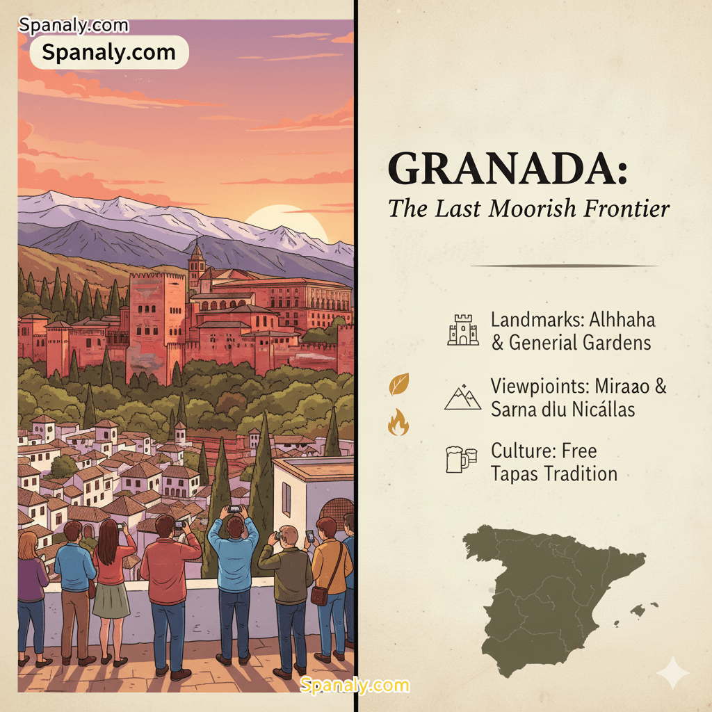 Professional travel infographic of Granada featuring the Alhambra Palace, Generalife gardens, and the Albaicín quarter with a Spain map highlighting Granada - Spanaly.