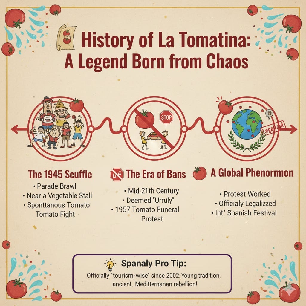 An educational infographic showing the history of La Tomatina festival in Buñol, featuring the 1945 origins, the 1957 tomato funeral protest, and its global legalization in 2026.