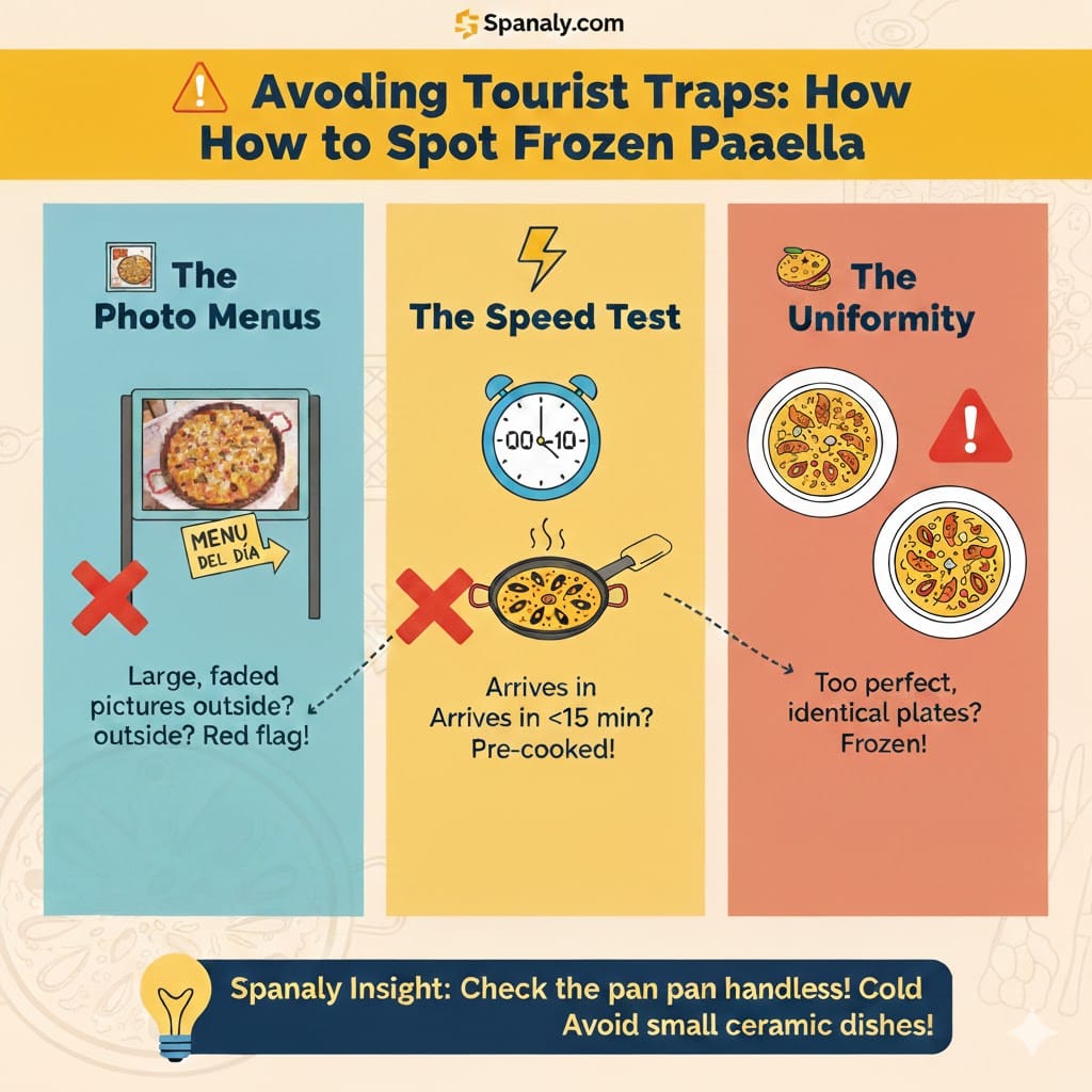 An educational infographic titled 'Avoiding Tourist Traps: How to Spot Frozen Paella'. It highlights three red flags: large faded photo menus outside, service speed under 15 minutes, and too-perfect uniformity in presentation. Includes a Spanaly Insight about checking pan handles.