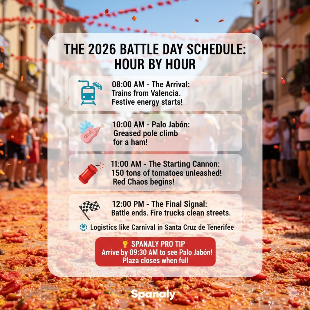 Infographic showing the La Tomatina 2026 schedule: 08:00 AM arrival, 10:00 AM Palo Jabón greased pole climb, 11:00 AM starting cannon for the tomato fight, and 12:00 PM cleanup by Spanaly.
