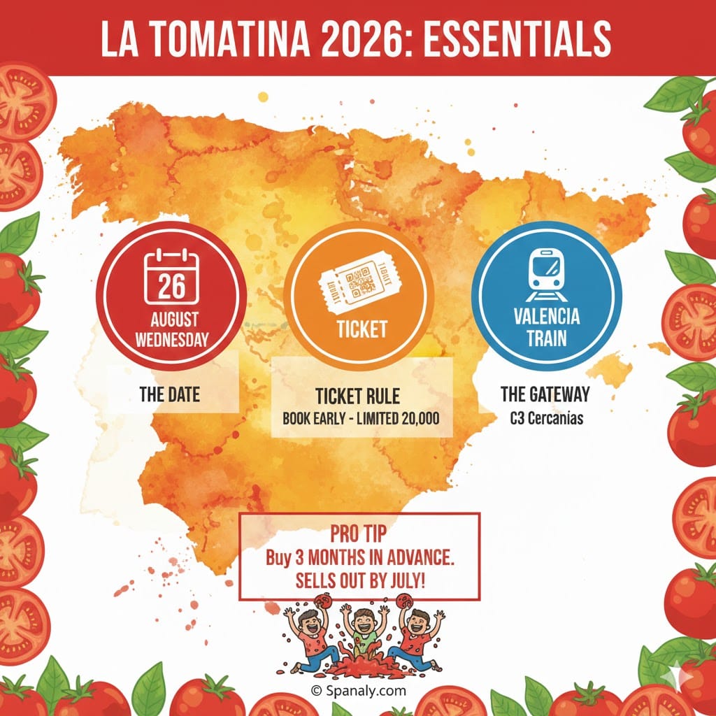 A comprehensive infographic for La Tomatina 2026 essentials, featuring the date August 26, ticket rules, transport tips from Valencia, and fun illustrations of the tomato fight in Buñol.