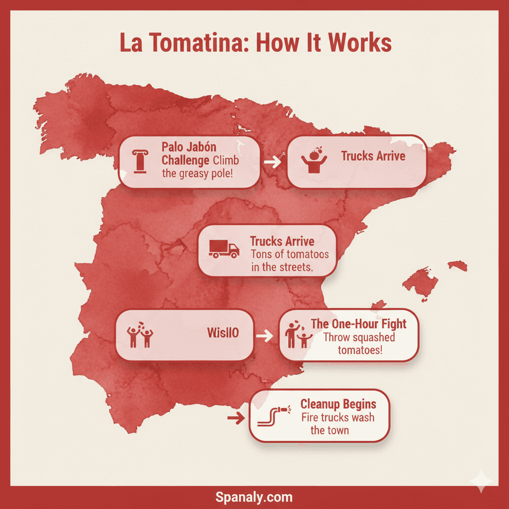 La Tomatina 2026 official festival rules and survival guide infographic for Buñol Spain featuring map and event timing