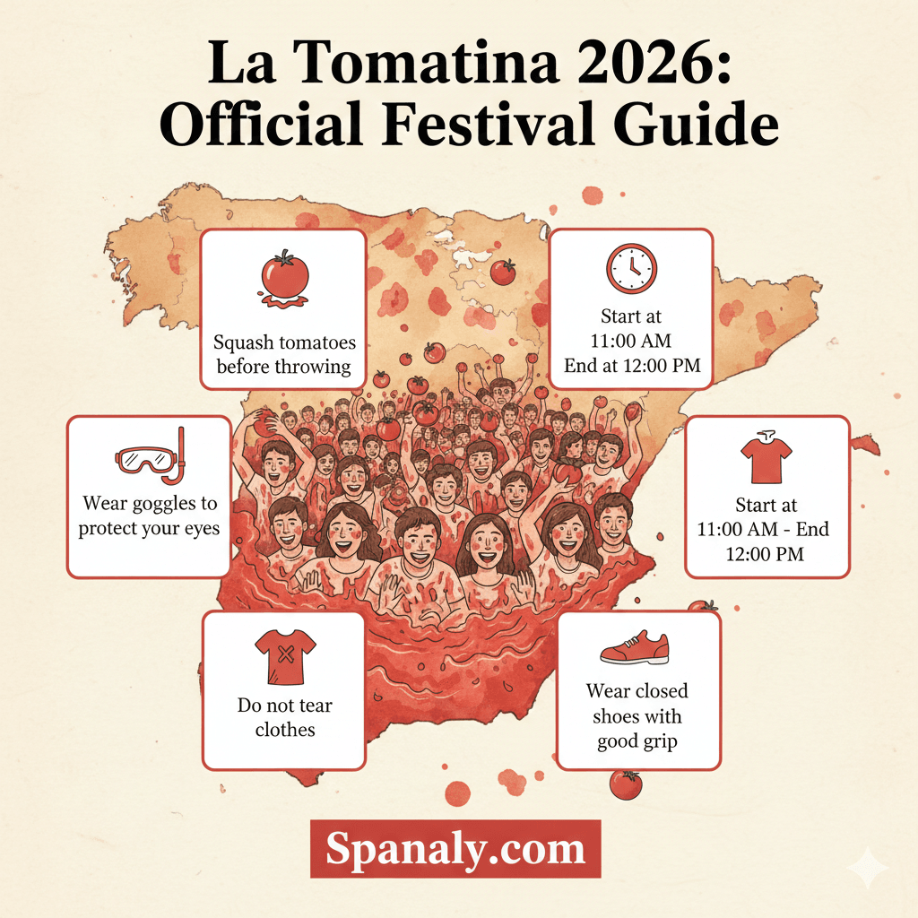 La Tomatina 2026 Official Rules and Survival Guide Infographic for Buñol Spain with map
