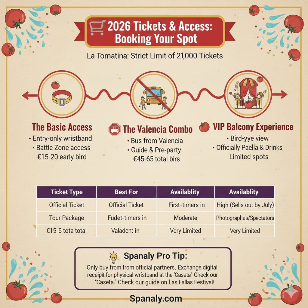Infographic showing La Tomatina 2026 ticket types and prices, including Basic Access wristbands, Valencia bus combos, and VIP balcony experiences with a comparison table.