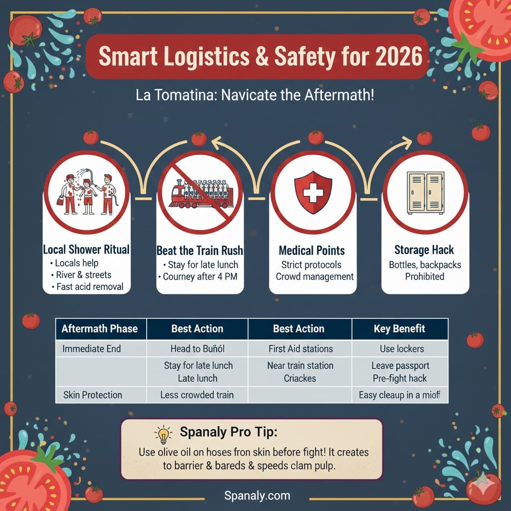 Infographic showing La Tomatina aftermath strategy: local shower rituals with hoses, beating the train rush back to Valencia, medical points locations, and storage hacks for valuables.