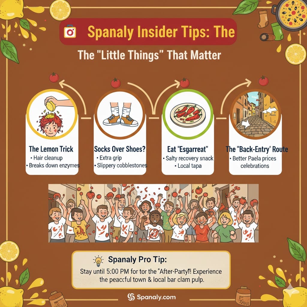 An infographic with expert insider tips for La Tomatina 2026, showing the lemon trick for hair, socks over shoes for grip, local food recommendations like Esgarraet, and the back-entry route to Buñol.